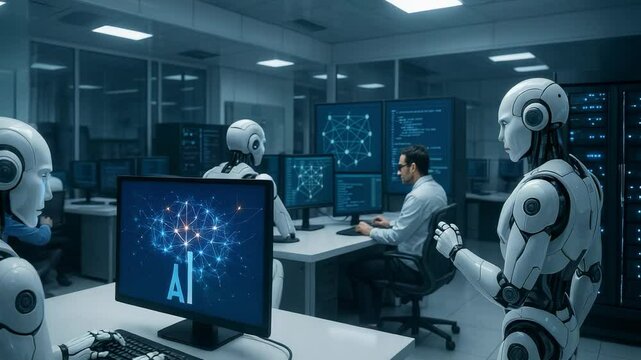 A Scene in a Modern AI Laboratory Featuring Male Scientist and Multiple Advanced Robots Working Together on Artificial Intelligence Projects