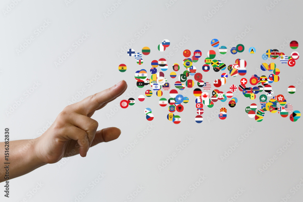 Poster image of a hand reaching towards a scattering of world flags, symbolizing global connection and inte