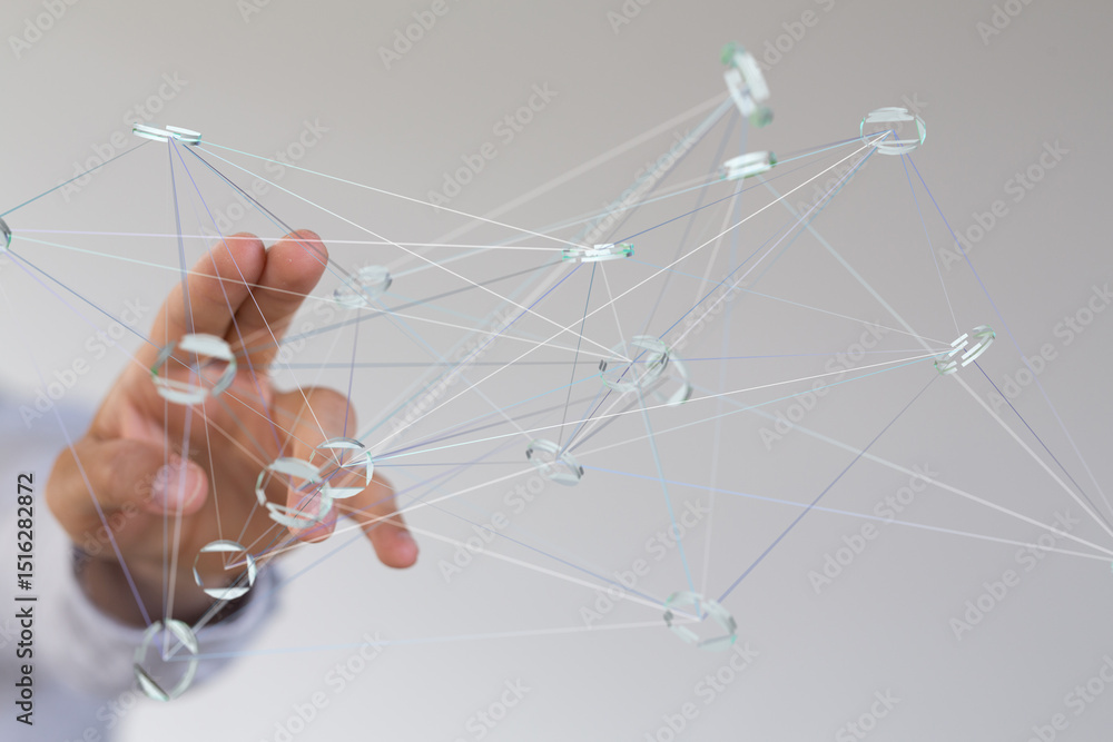 Aufkleber Abstract image of a hand interacting with a complex network, representing global connections, data flow, or digital relationships.
