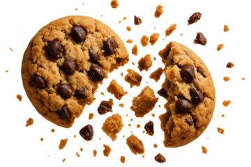 Chocolate chip cookie crumbling apart isolated on transparent background