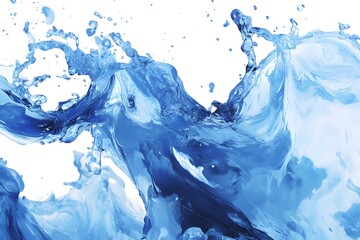 A stylized illustration of a blue water splash set against a white background