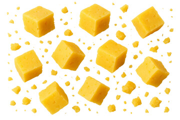 Falling cubes of cheddar cheese isolated on transparent background