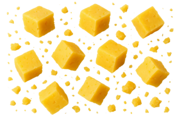 Falling cubes of cheddar cheese isolated on transparent background