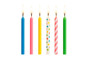 Five lit birthday candles isolated on transparent background