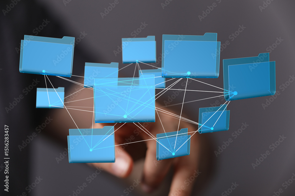 Poster Visual representation of interconnected files and data sharing.  Ideal for cloud storage, networking, and collaboration concepts.