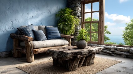 A coastal-themed living room with driftwood furniture, soft blue hues, and large windows letting in ocean light.