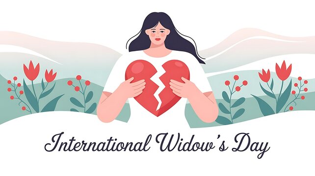 International Widow's Day: Woman holding broken heart, symbolizing grief and loss