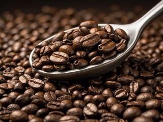 Fototapeta premium Close-up of roasted coffee beans spilling from a wooden spoon onto a dark surface