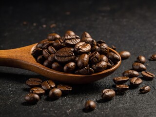 Fototapeta premium Close-up of roasted coffee beans spilling from a wooden spoon onto a dark surface