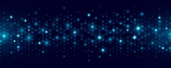 Abstract Healthcare Medical cyber pattern of glowing blue hexagons. Futuristic medicine background. Digital health insurance concept and access to welfare. Vector illustration