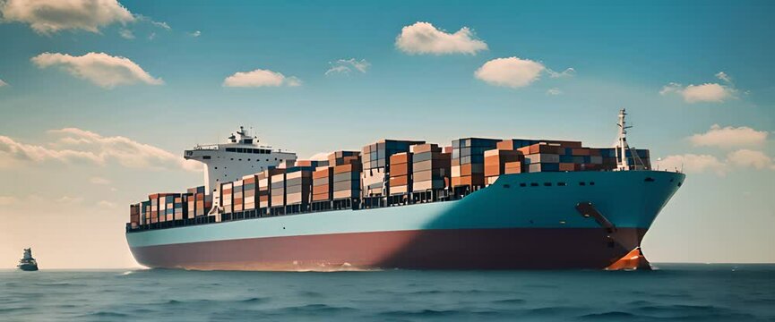 A colossal cargo ship sails through a shimmering blue ocean, its deck stacked high with colorful containers 1