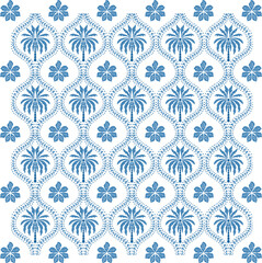 Blue tropical damask seamless pattern. Hand drawn palm tree, floral jungle geometry ornament for textile, wallpaper, repeat background. Vector summer beach print design with cute curve botanical lines