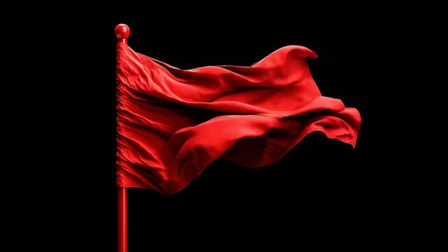 Red flag billows wave against black background. Bad unhealthy relationship concept. Warning sign. Danger, protect. Negative character traits. Idiom, potential problem metaphor. Signifies issues.