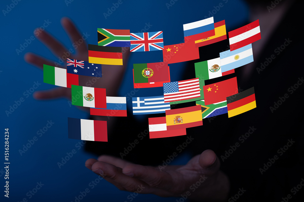 Poster image of hands holding multiple flags representing global communication and international relations.