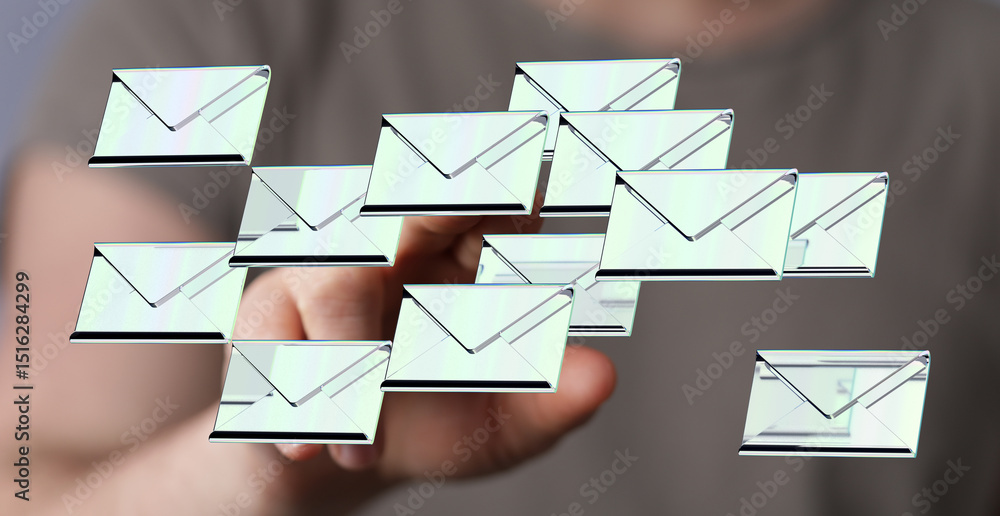 Poster hand interacting with digital emails, inbox management, email overload concept.