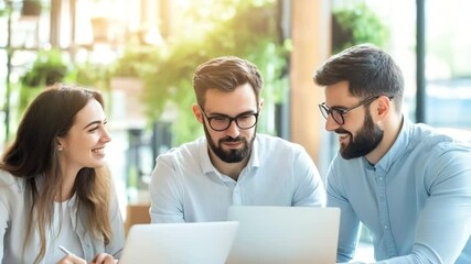 Business teamwork and collaboration modern office setting with young professionals discussing ideas, working laptops, and engaging productive meetings, showcasing professional workplace technology - Powered by Adobe