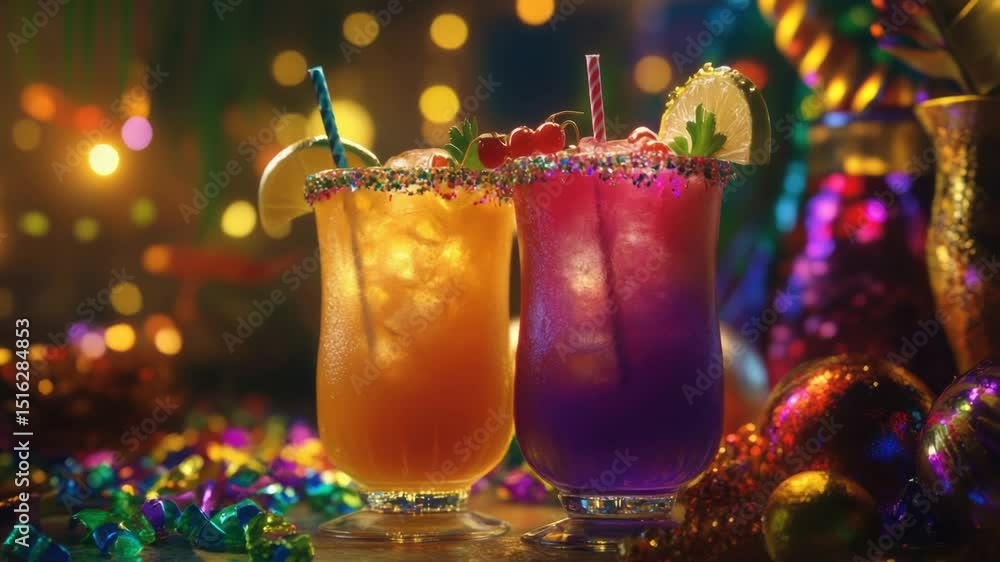 Poster two colorful drinks served on a table with a fun and lively atmosphere