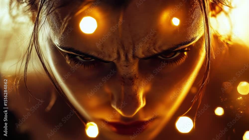 Poster A close-up shot of a woman's face with lights shining in the background, suitable for use as a portrait or in editorial contexts