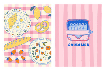 Set of hand drawn whimsical posters with abstract food. Dolce vita contemporary dinner prints. Croissant, tomatoes, strawberries, sardines on colorful backgrounds. Slow living concept. Vector design