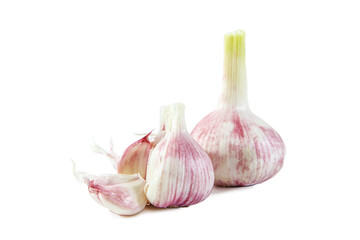 Fresh garlic bulbs with cloves isolated on white.