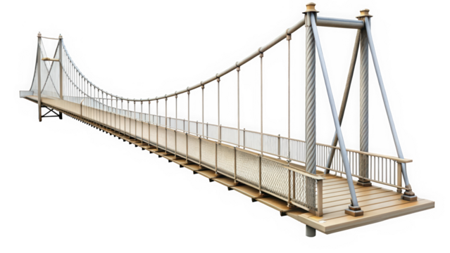 A modern suspension bridge design featuring a wooden deck and steel cables, showcasing architectural elegance and functionality in a minimalist style.