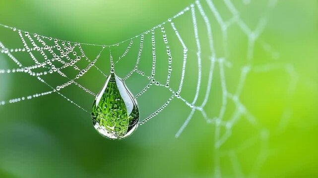 Water droplet hanging on spider web with morning dew, reflecting green nature background, closeup macro shot, delicate detail, peaceful and fresh atmosphere, natural beauty, green tranquility