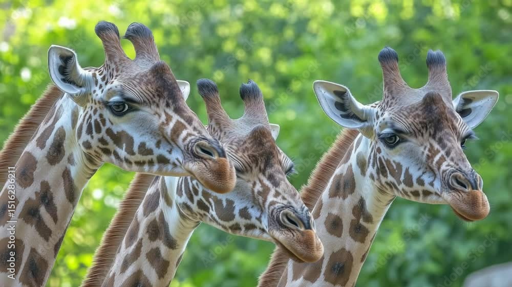 Poster a group of giraffes standing side by side in the wild