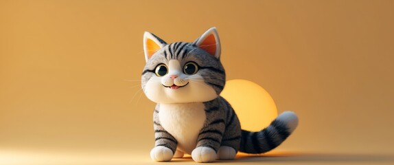 Adorable Cartoon Cat with Striped Fur Sitting Pretty on a Golden Yellow Background.
