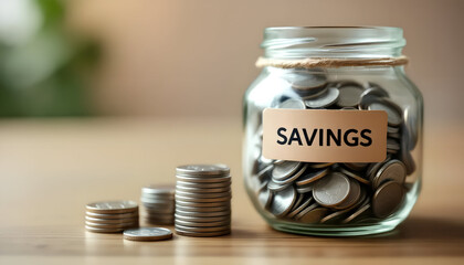 Financial Savings and Budgeting Visualized by Coin Jar and Stack