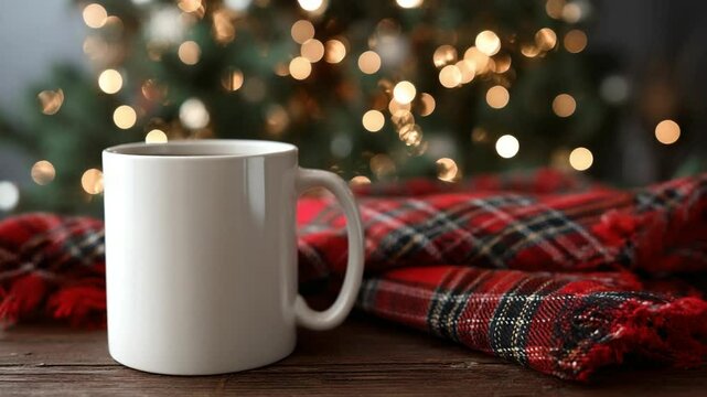 Cozy holiday scene with a mug and festive backdrop