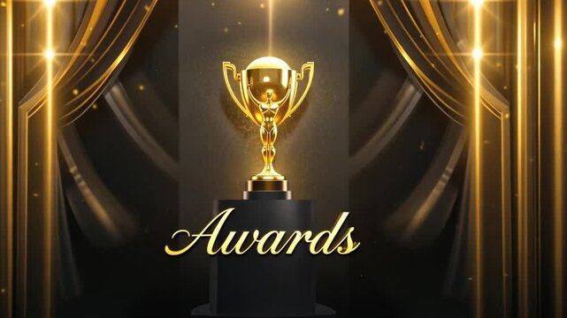 Golden award trophy on a pedestal with golden curtains and sparkling lights background scene