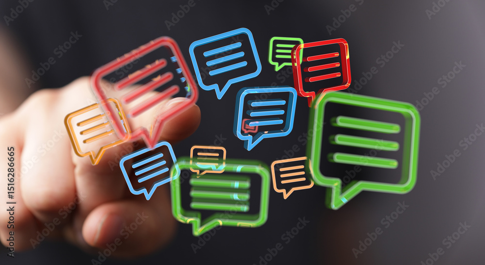 Poster abstract image of hand interacting with colorful 3d chat bubbles, representing communication, messag