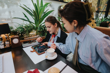 Two business women engage in teamwork over a tablet in a stylish cafe, surrounded by greenery.