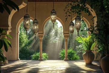 Serene moroccan courtyard sunlit arches lanterns