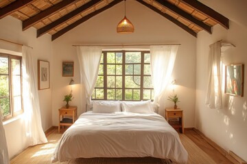Serene bedroom sunlight wooden beams cozy cottage
