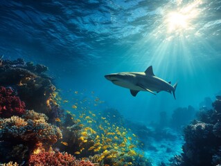 Obraz premium Ocean Depths Shark, Coral Reef and Golden Fish Under Sunlight, marine , wildlife