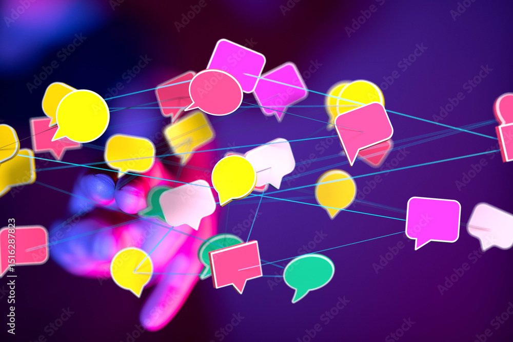 Poster abstract image of colorful speech bubbles connected by lines, symbolizing global communication and n