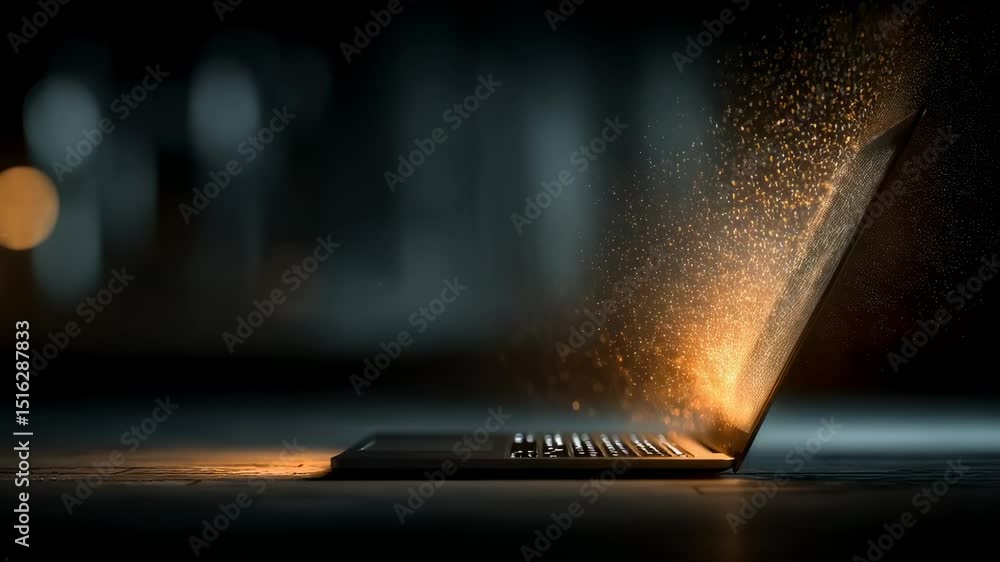 Poster illuminated laptop on desk with glowing particle effects emanating from the screen creates a magical