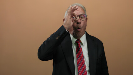 Senior man in suit making ok gesture over isolated brown background suggests confidence and...