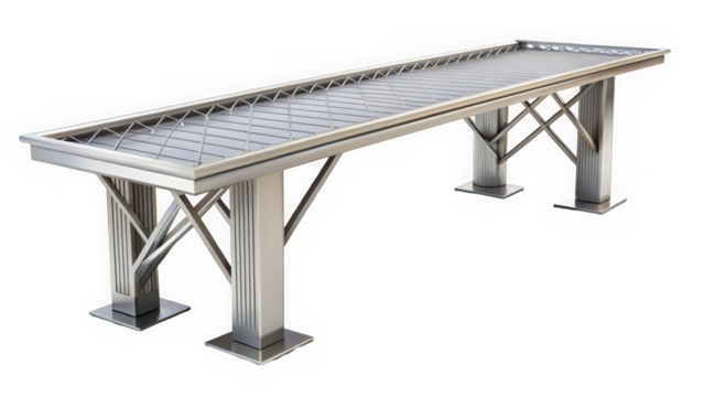 A modern metallic table with a sleek design, featuring sharp angles and a polished surface, ideal for contemporary interior settings.