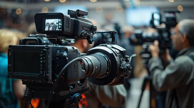 A professional video camera set up on a tripod, capturing an event with people and other cameras in the background.