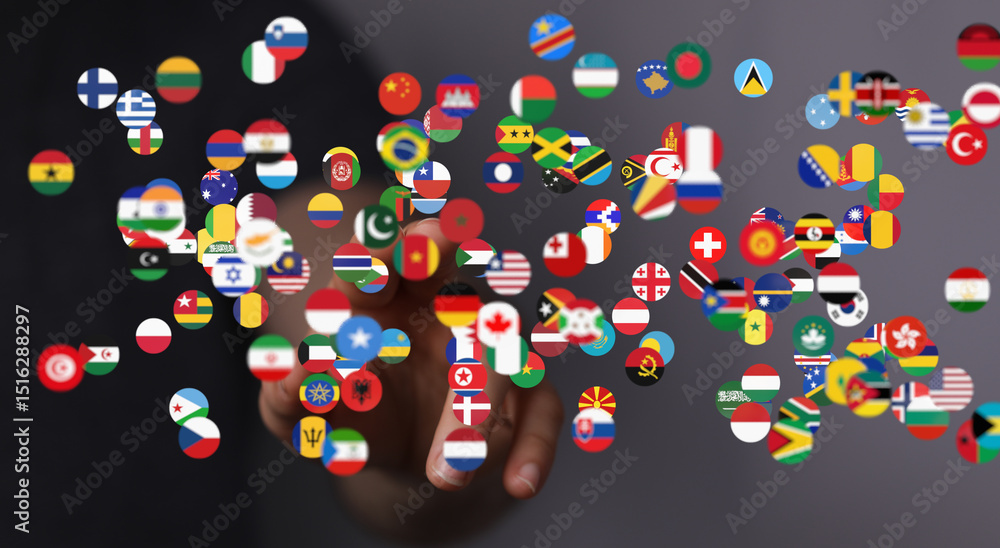 Fototapete Abstract image of world flags floating around a hand, symbolizing global connections and international relations.