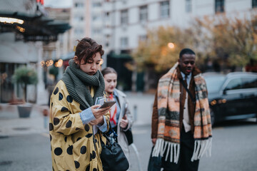 A diverse group of people engaging and interacting in an urban street environment, emphasizing...