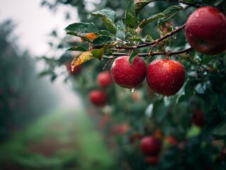 Red Apples on Branch, Orchard Rain, fresh fruit , autumn harvest
