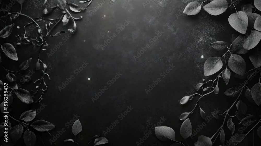 Poster a close-up image of leaves and berries in monochrome