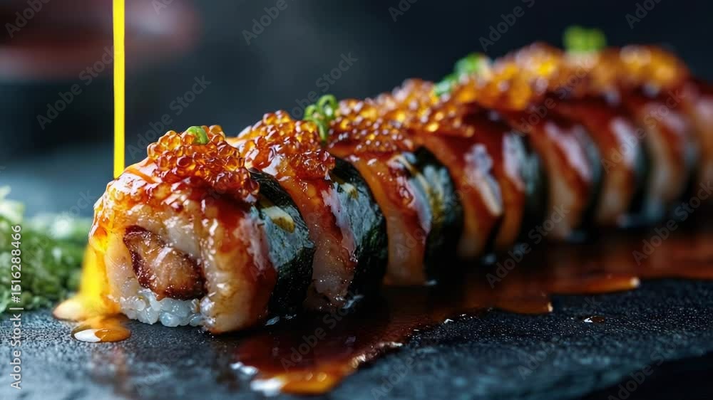 Poster a close-up shot of a sushi roll with sauce drizzled on top