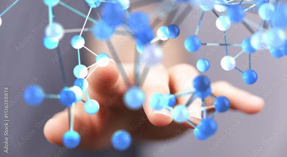 Leinwandbilder Abstract image of a hand interacting with a glowing blue molecular structure. Perfect for technology, science, and connection concepts.