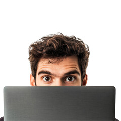 Isolated Man Peeking Over Laptop