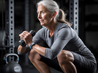 Obraz premium Portrait of senior woman exercising with dumbbells in fitness studio