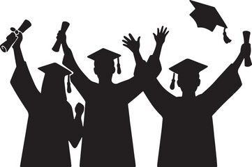 Silhouette vector of a group of graduates cheering with caps in the air, symbolizing success, celebration, and achievement.